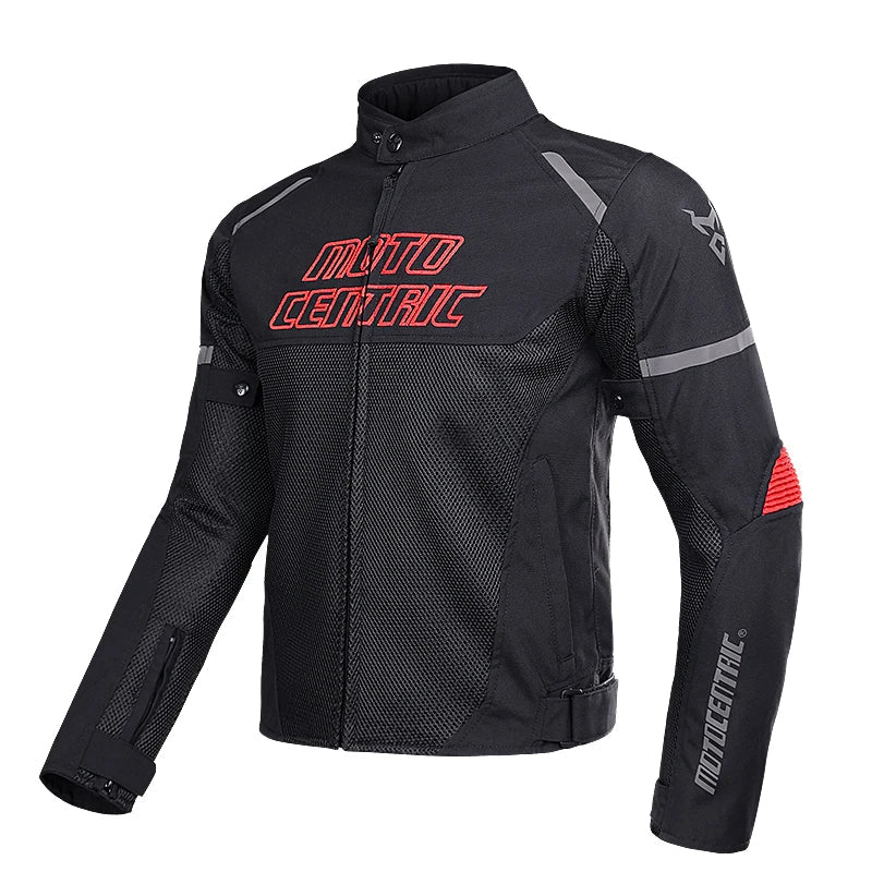 Black motorcycle jacket with red and white text on a white background