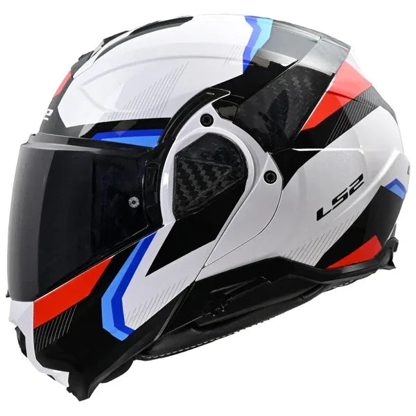 Motorcycle helmet with white, black, red, and blue design on a white background