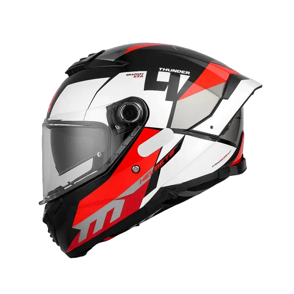 Motorcycle helmet with red and black design on a white background