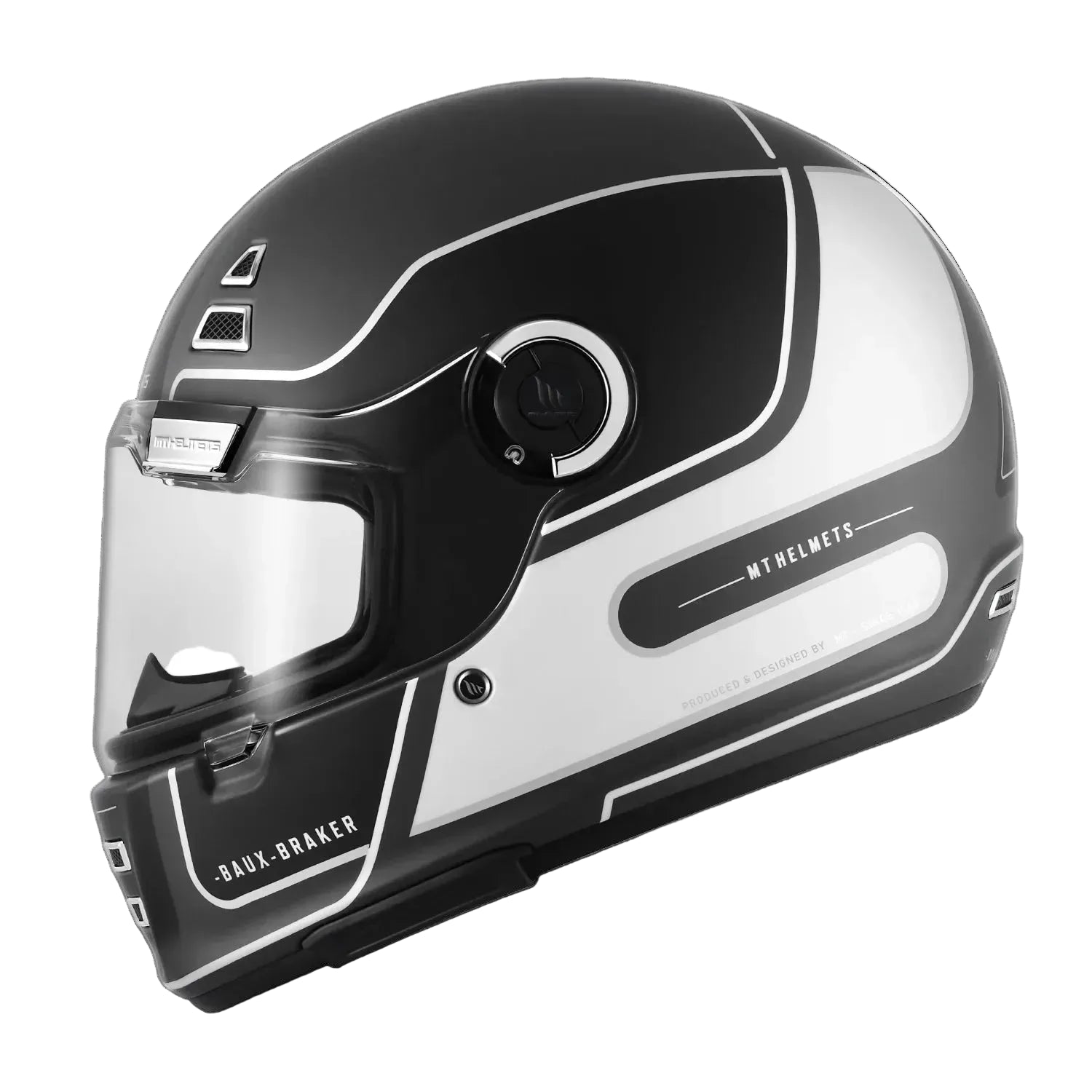 Black and white motorcycle helmet with clear visor on a white background