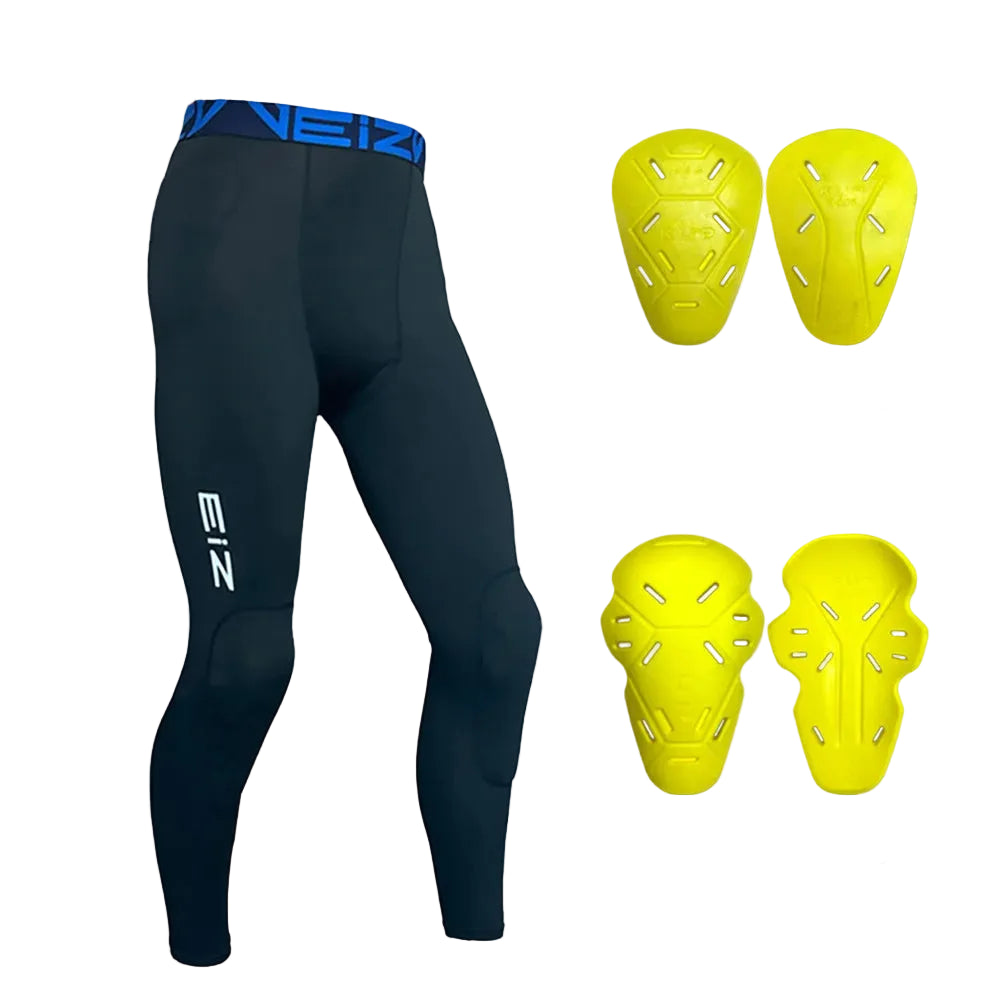 Black compression pants with EIZ branding and yellow hip and knee protectors on a white background.