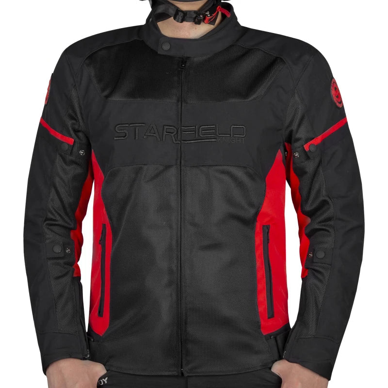 Black and red motorcycle jacket with 'Stareld' branding on a white background