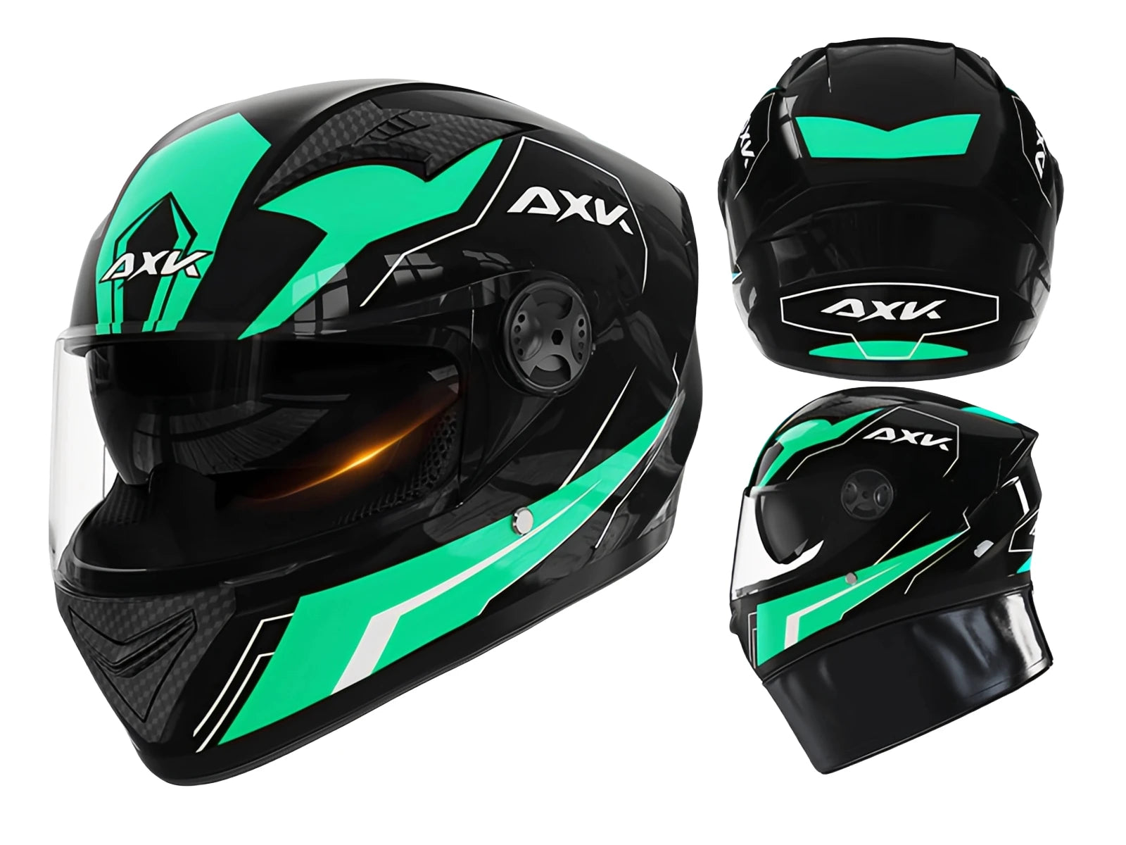 Black and green AXK motorcycle helmet shown from multiple angles on a white background