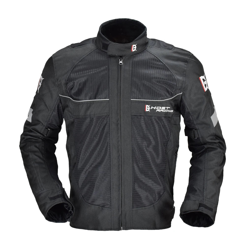 Black motorcycle jacket with brand logos on a white background