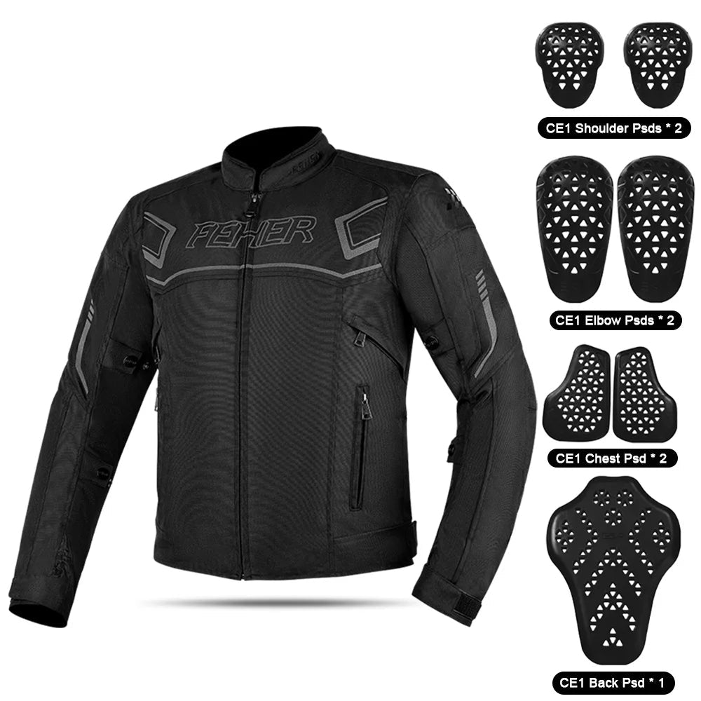 Black motorcycle jacket with protective pads on a white background, featuring the FEHER brand.