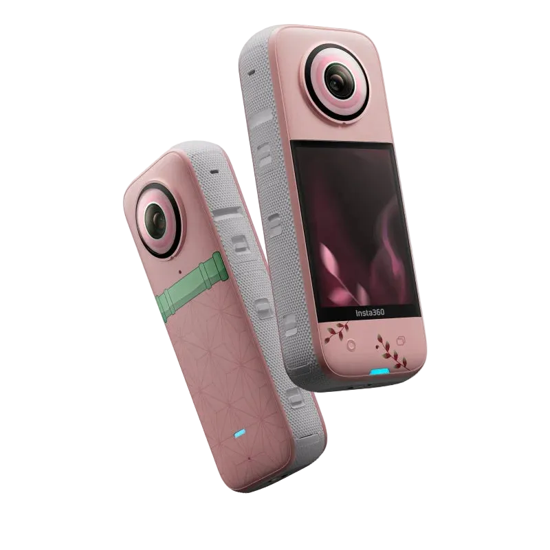 Two pink and gray cameras with a screen on a white background