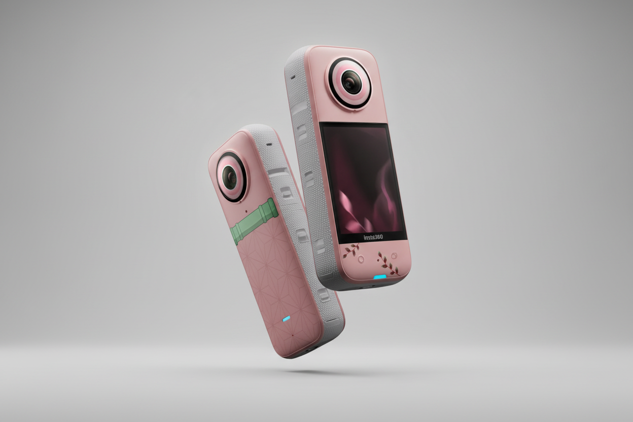 Pink digital camera with a screen on a gray background