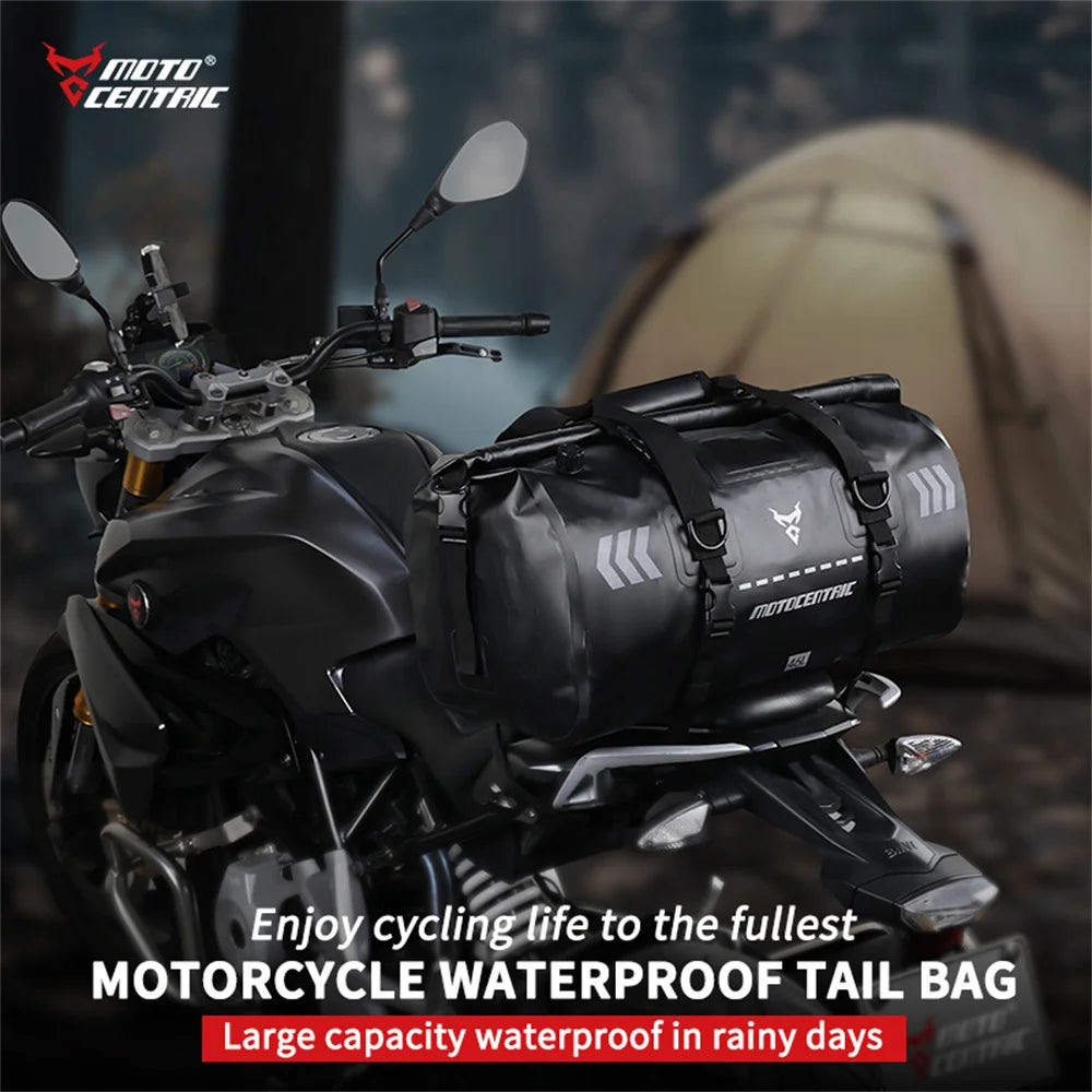 Motorcycle with a waterproof tail bag on a dark background, featuring the Moto Central brand.