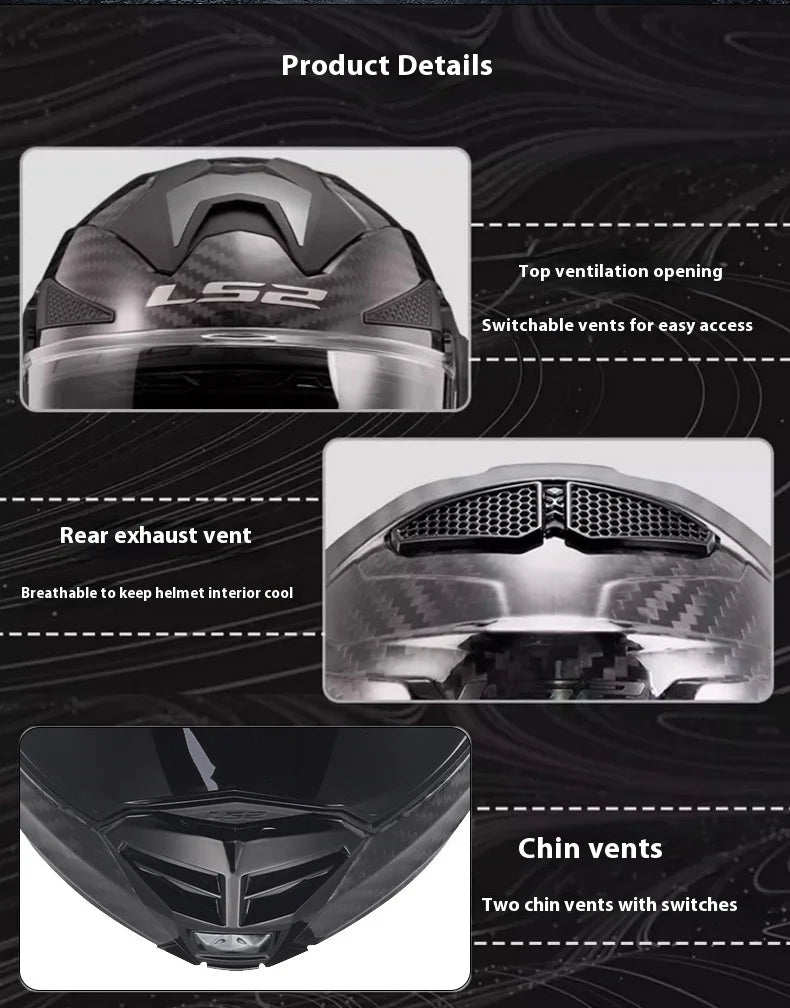 Black motorcycle helmet with labeled features on a black background