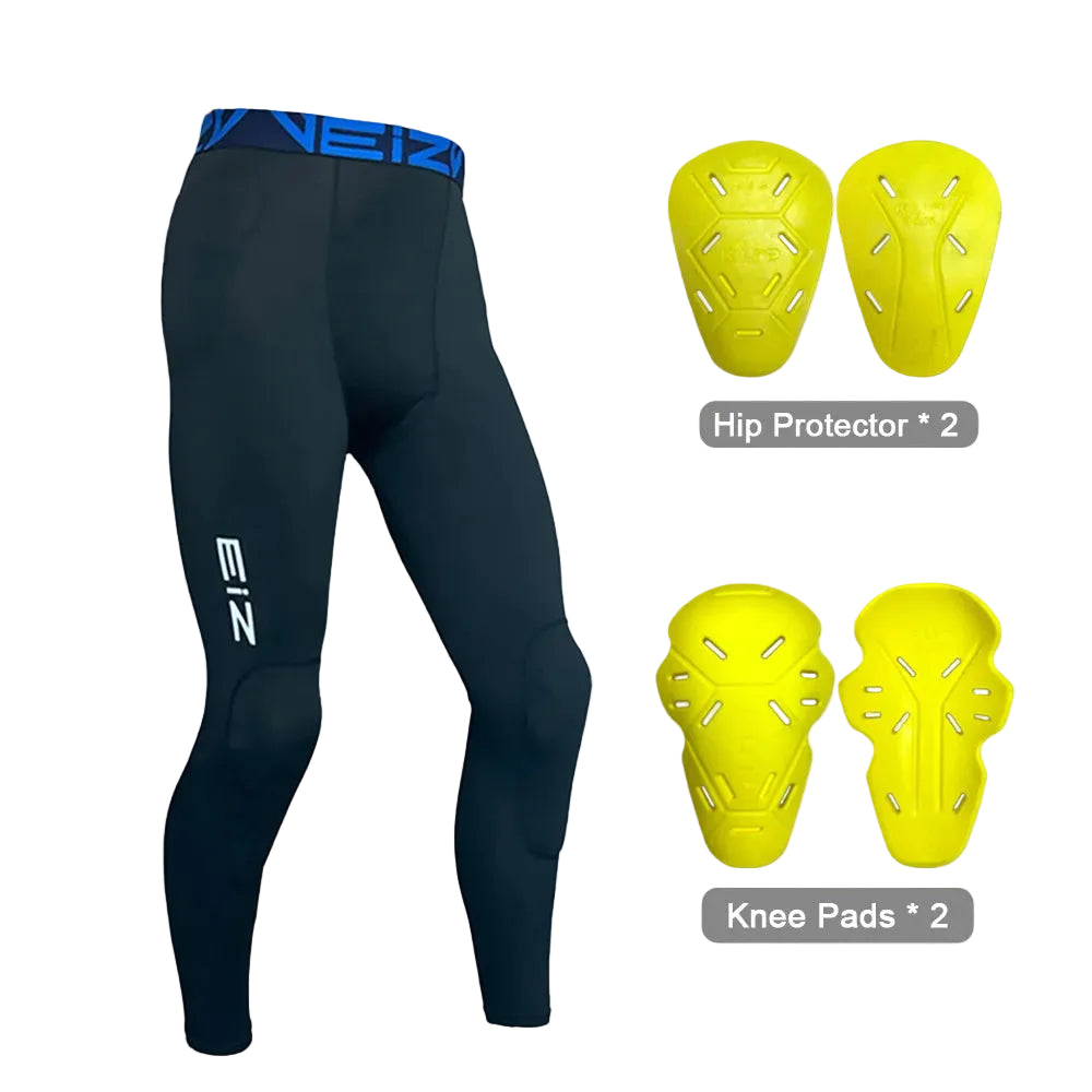 Black compression pants with EIZ branding and yellow hip and knee protectors on a white background.