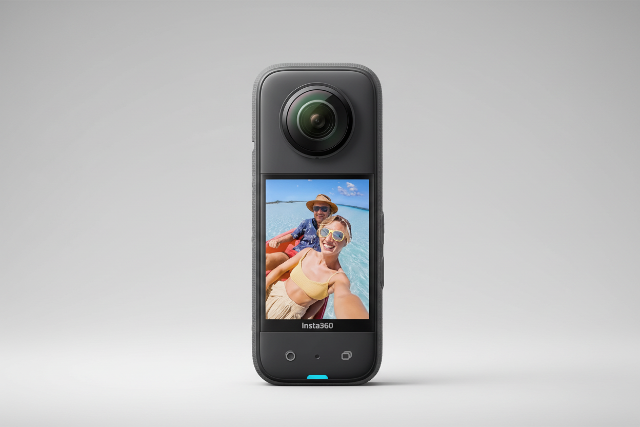 360-degree camera with a screen displaying a photo of two people on a beach.