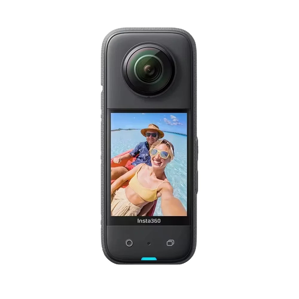 360-degree camera with screen displaying a couple at the beach, brand 'Insta360' visible