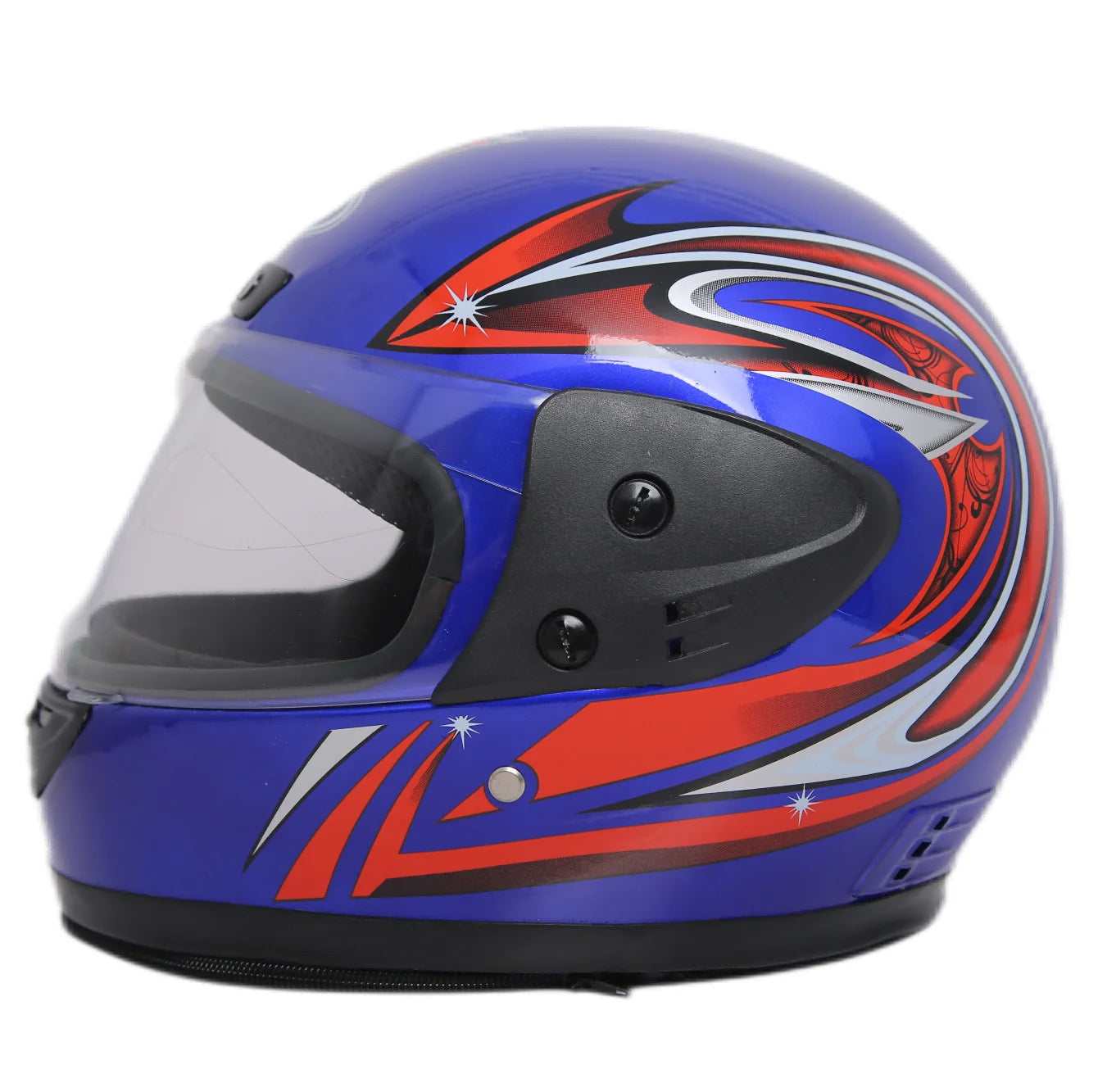 Blue and red motorcycle helmet with a clear visor on a white background