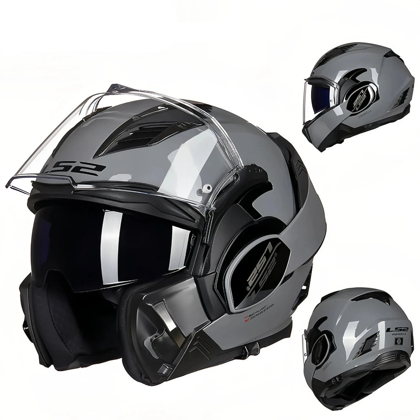 Gray LS2 helmet with clear visor on a white background