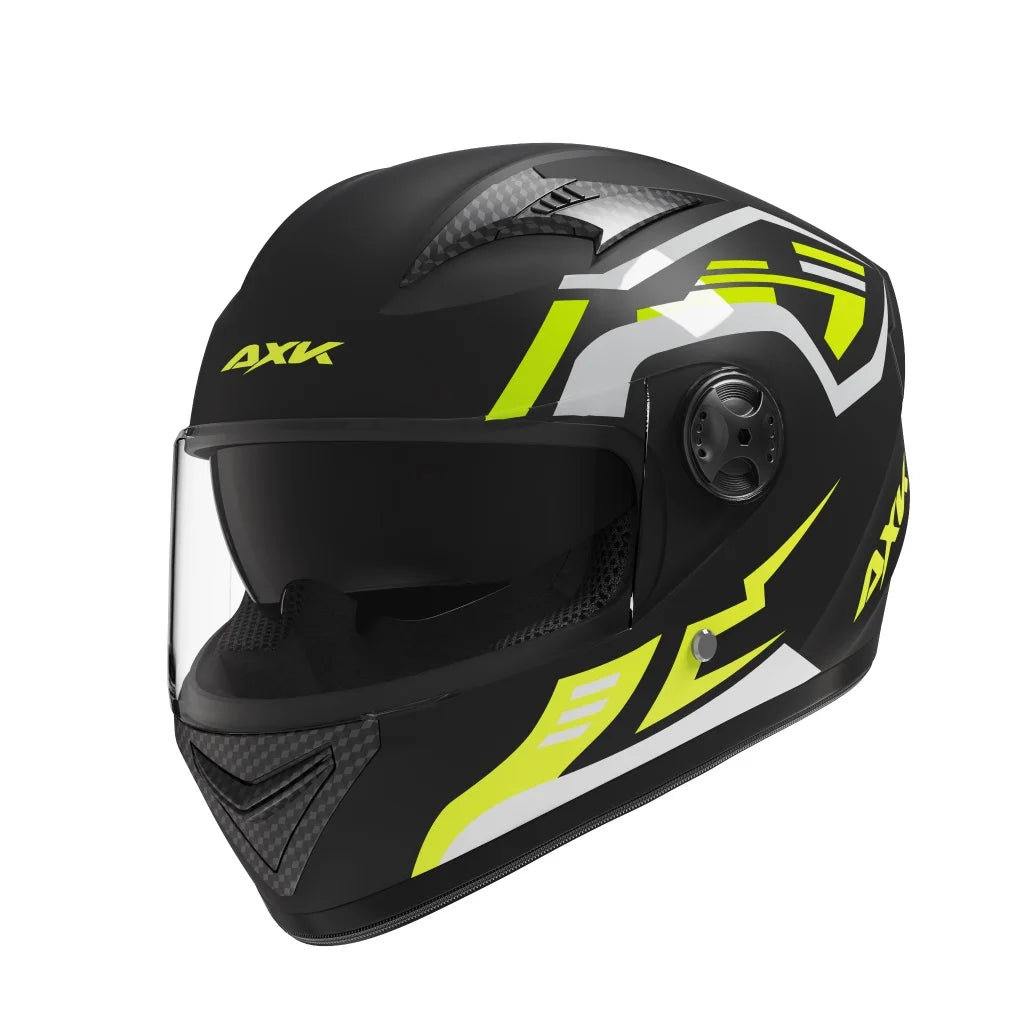Black motorcycle helmet with yellow and white accents on a white background