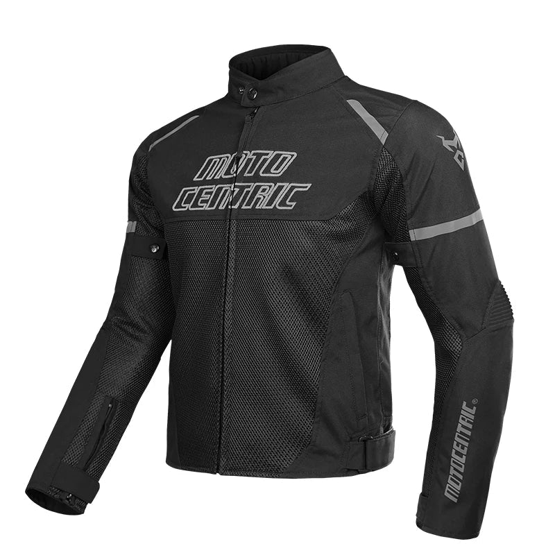 Black motorcycle jacket with 'Moto Centric' branding on a white background