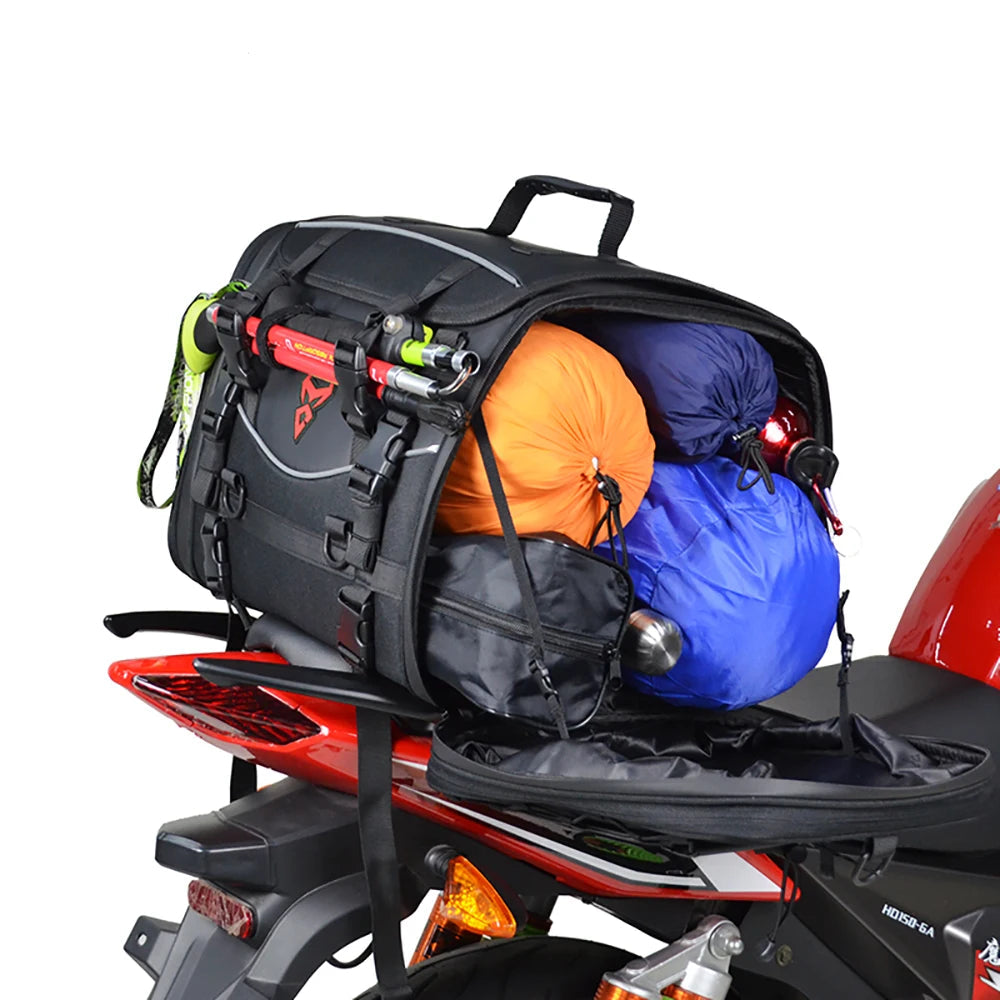 Motorcycle luggage rack with bags on a white background, featuring Moto Centric branding.