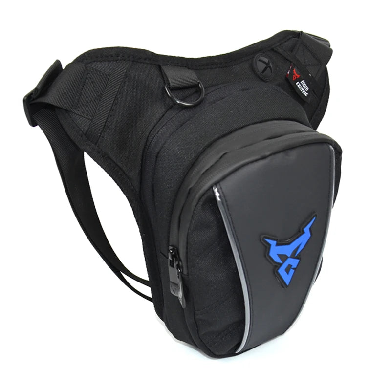 Black shoulder bag with a blue logo on a white background