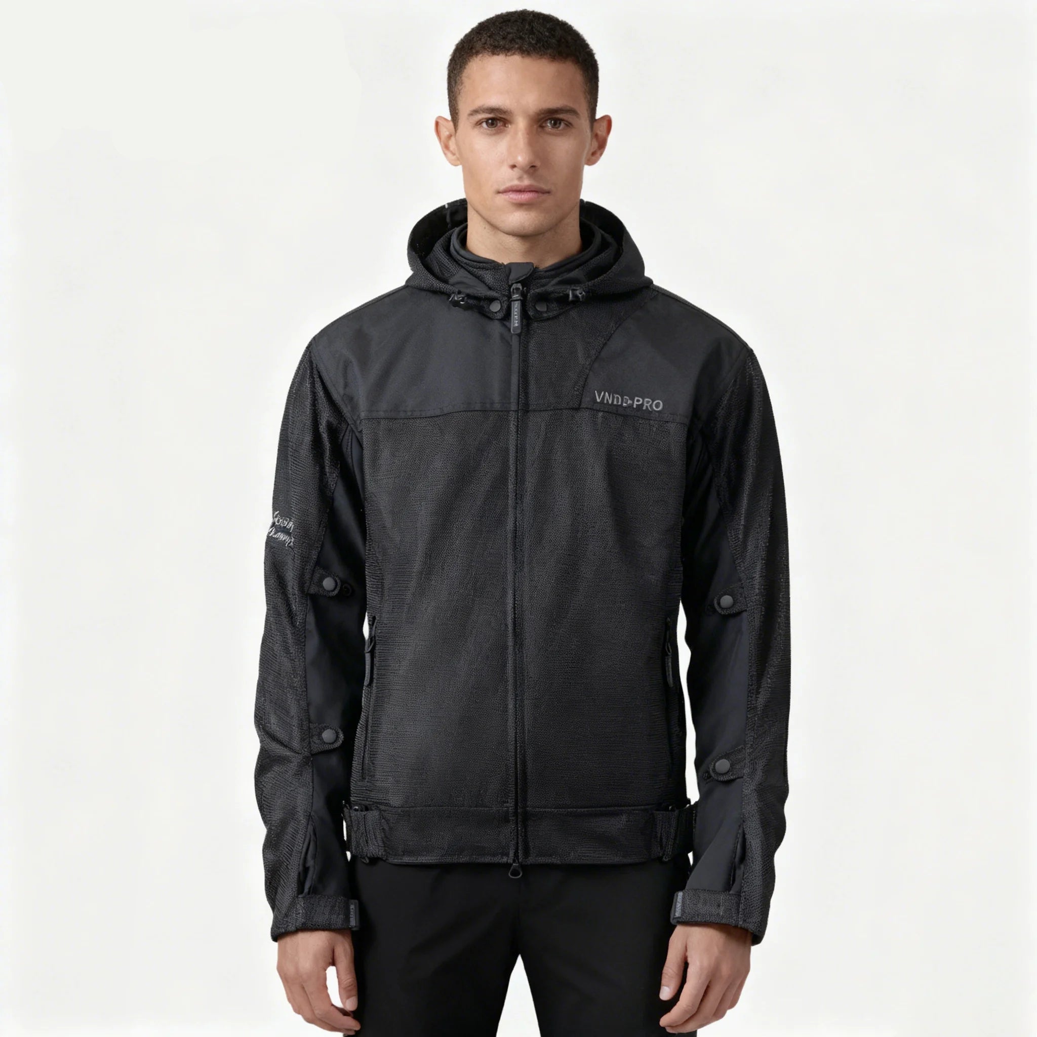 Man wearing a black jacket with Vemar VND Project logo on a white background