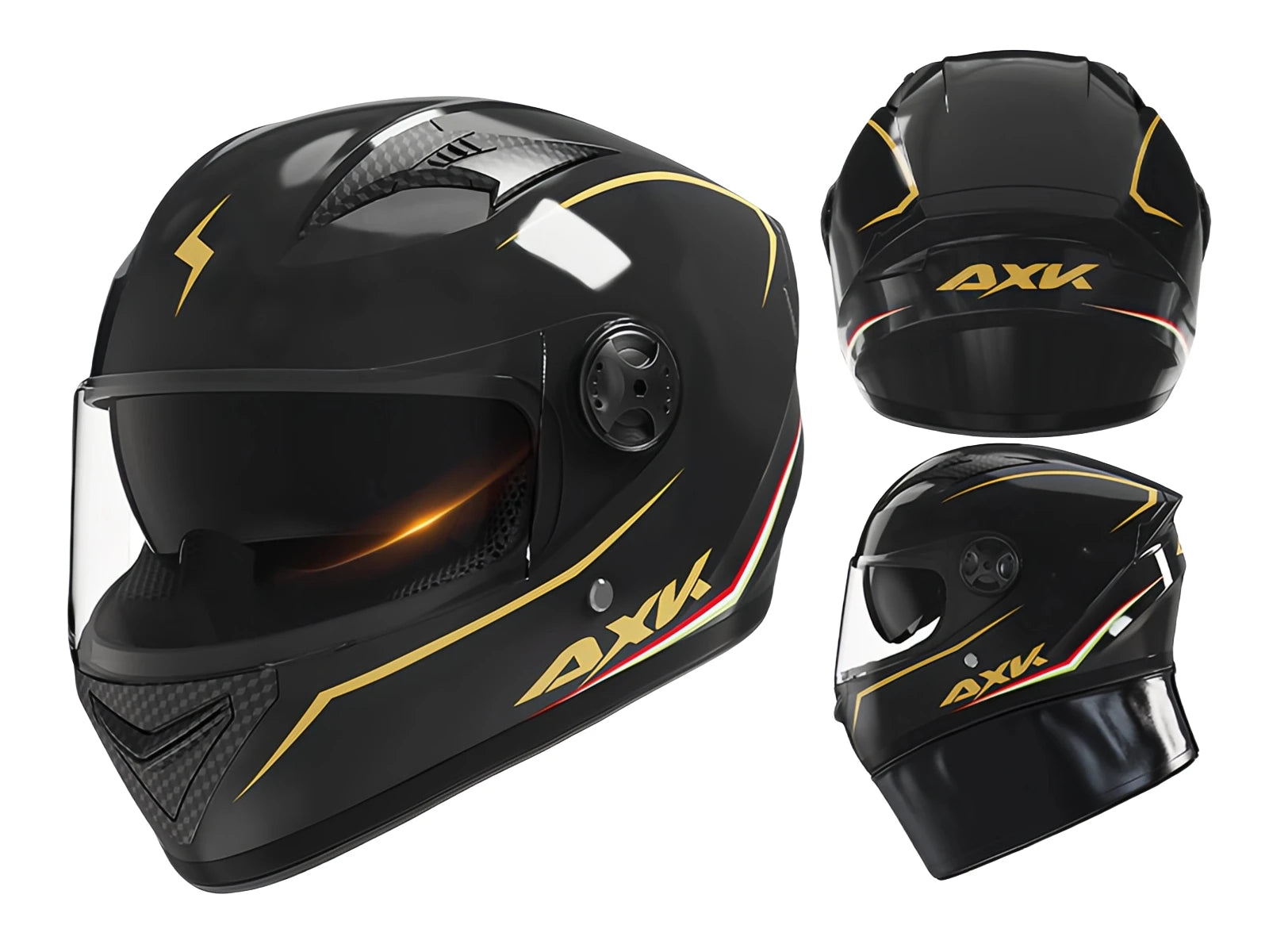 Black motorcycle helmet with gold accents and AXK branding on a white background