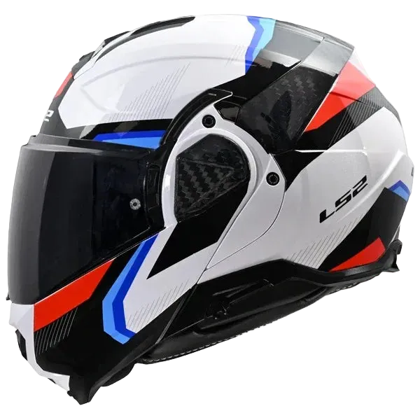 Motorcycle helmet with white, black, red, and blue design on a white background