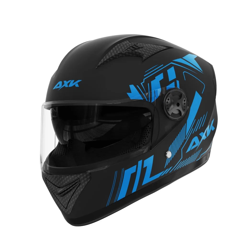 Black motorcycle helmet with blue accents and AXK branding on a white background