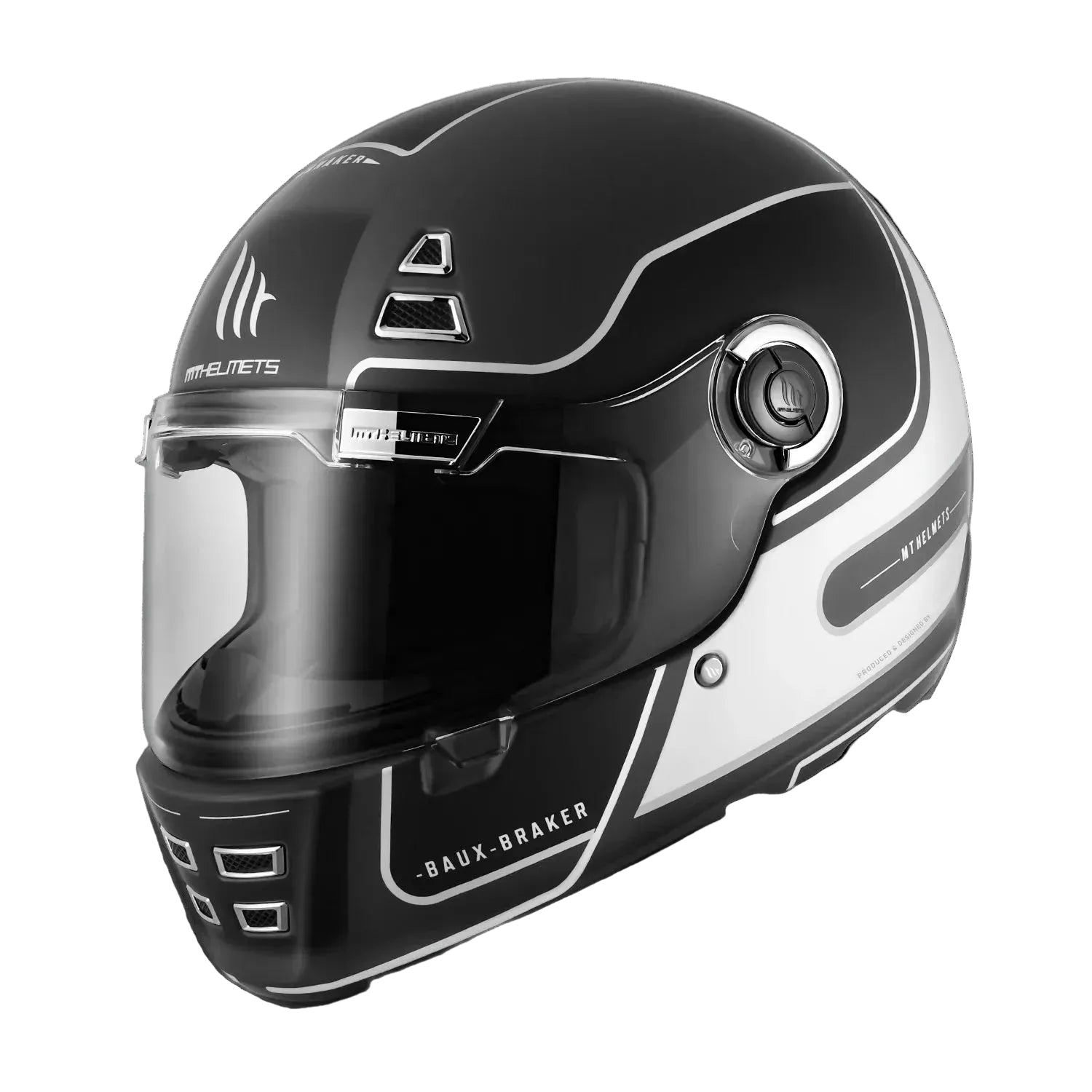 Black and white motorcycle helmet with clear visor on a white background