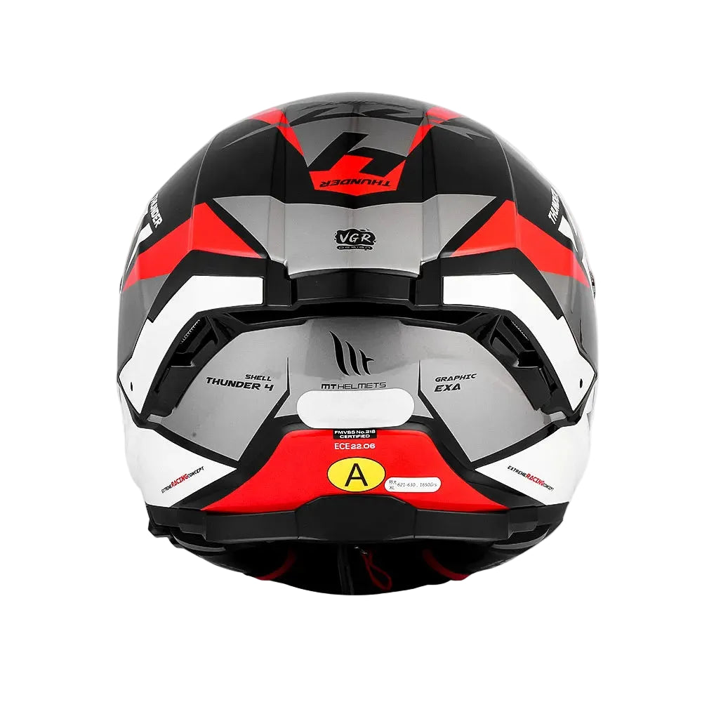Black, red, and white motorcycle helmet with visible branding on a white background