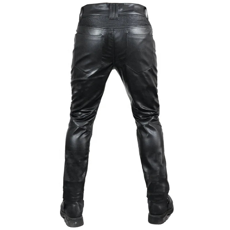 MJMOTO PU Leather Motorcycle Pants – CE Knee + Hip Pads, Waterproof + Oil-Proof, Windproof, Stretch