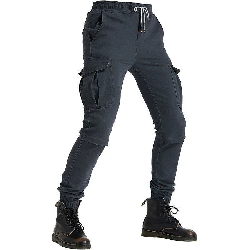 Dark gray cargo pants with drawstring on a white background