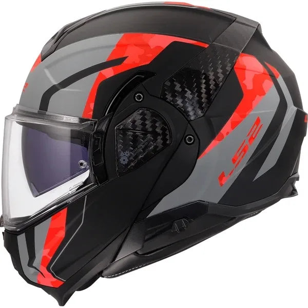 Black and red motorcycle helmet with clear visor on a white background