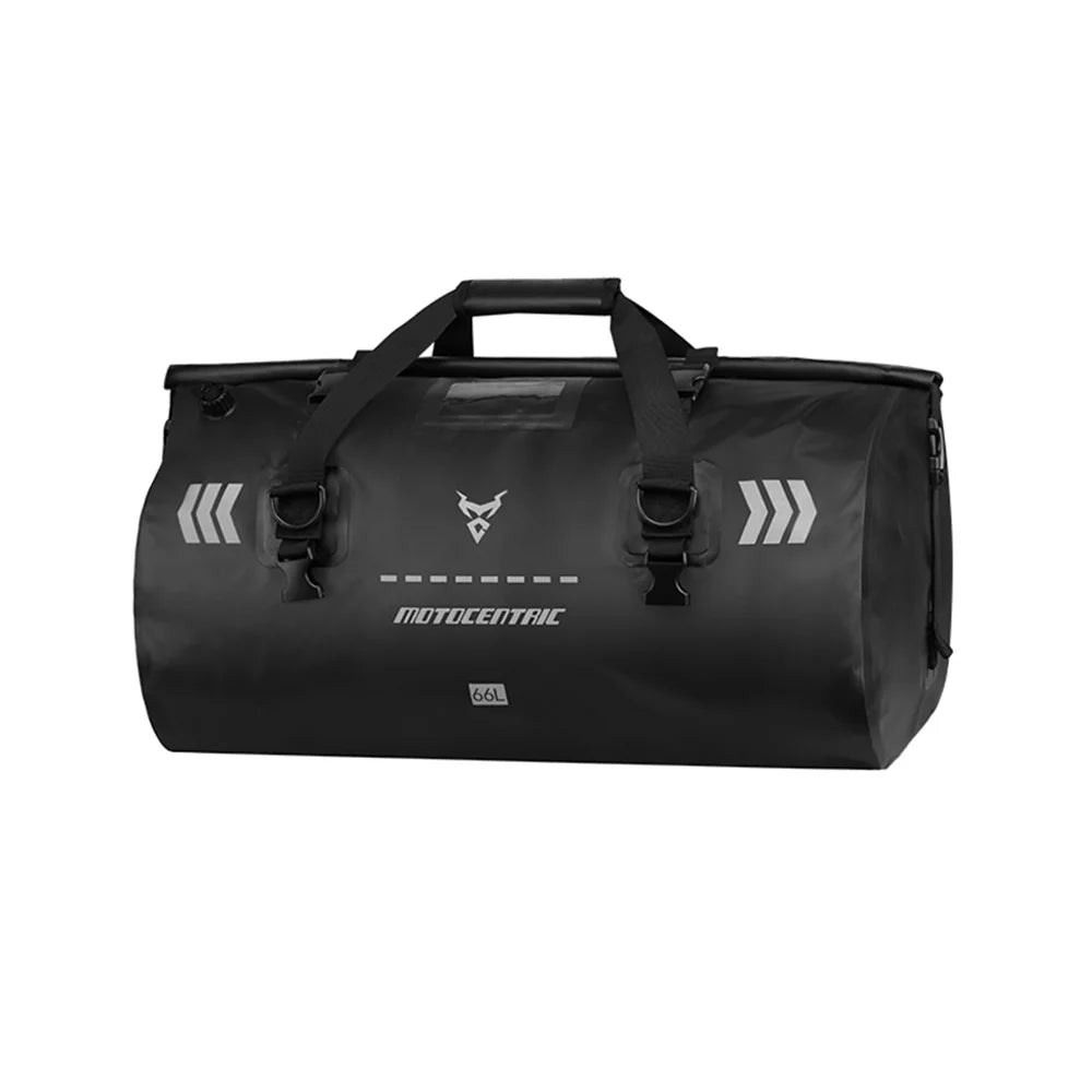 Black duffel bag with brand logo on a white background