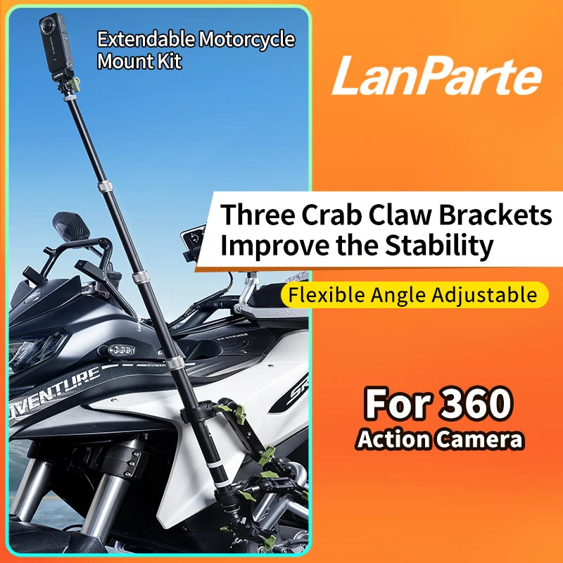 LanParte PMH-C3 Motorcycle Action Camera Mount – Invisible Monopod &amp; Handlebar Clamp for GoPro &amp; Insta360