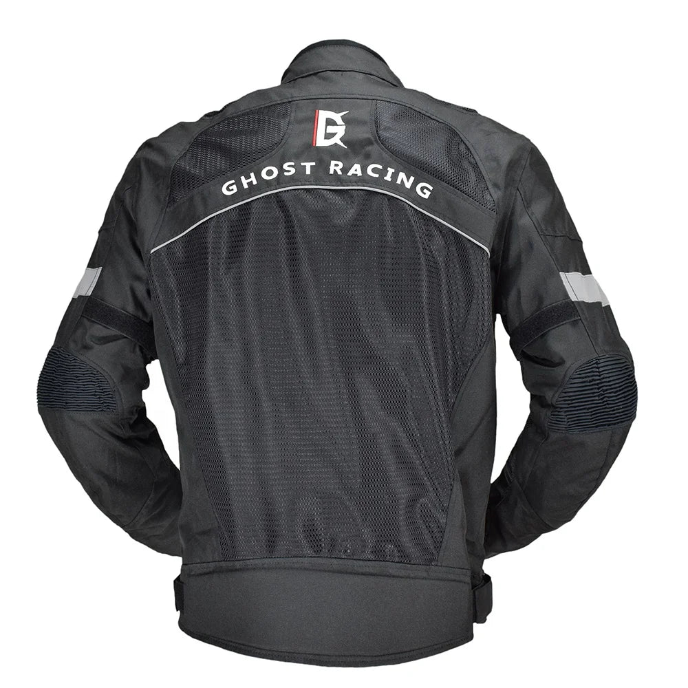 Black racing jacket with 'Ghost Racing' branding on a white background