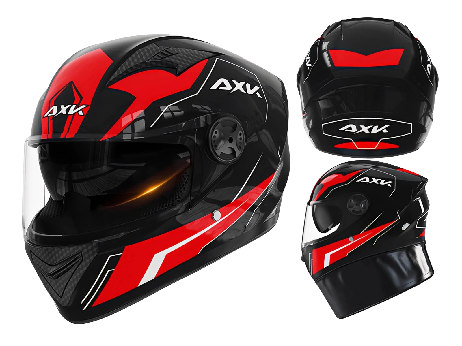 Black and red motorcycle helmet with 'AXK' branding on a white background