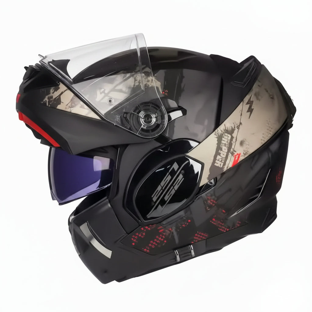 Black motorcycle helmet with visor and camouflage pattern on a white background, featuring LS2 Helmets logo.