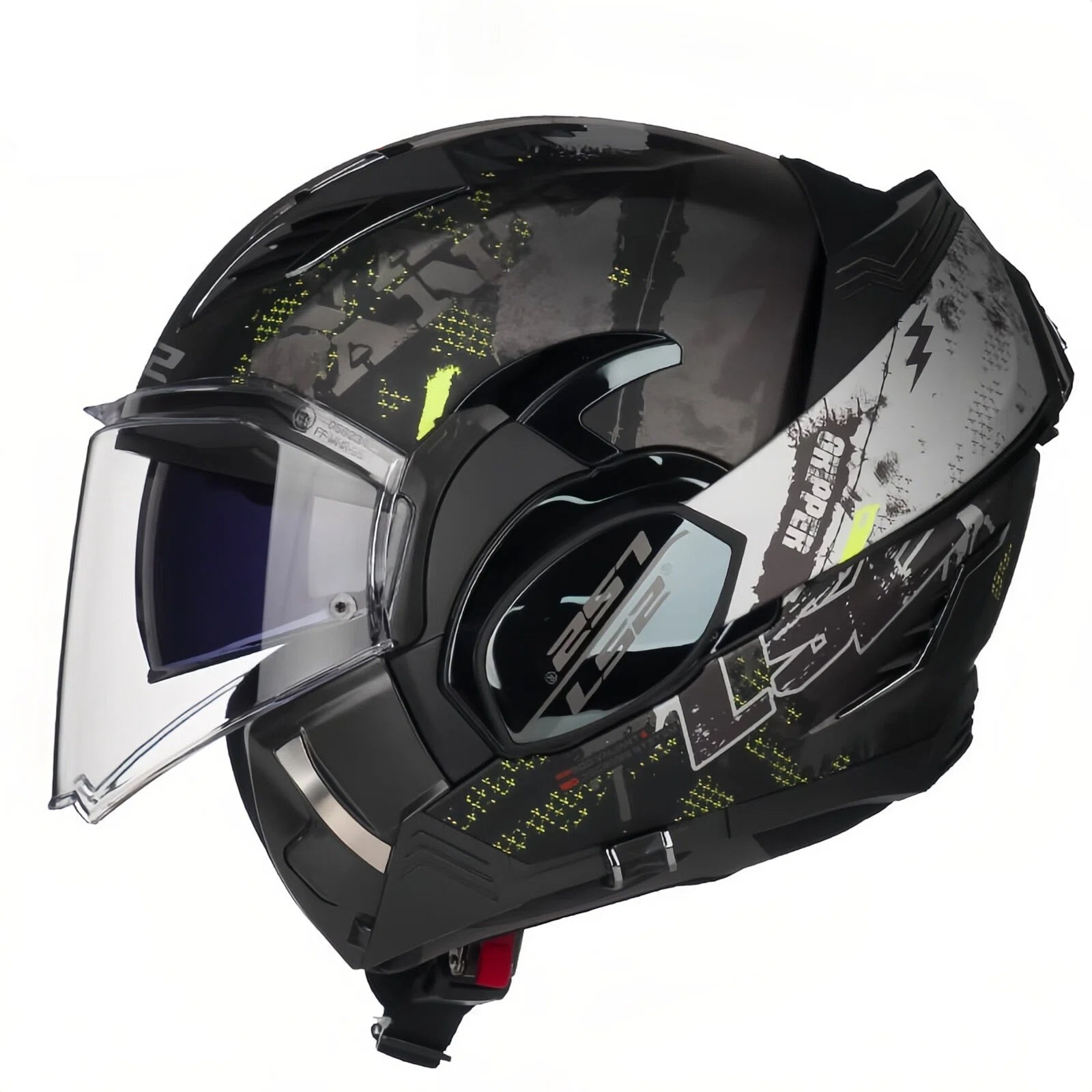 Black and gray motorcycle helmet with clear visor on a white background, featuring LS2 Helmets logo.