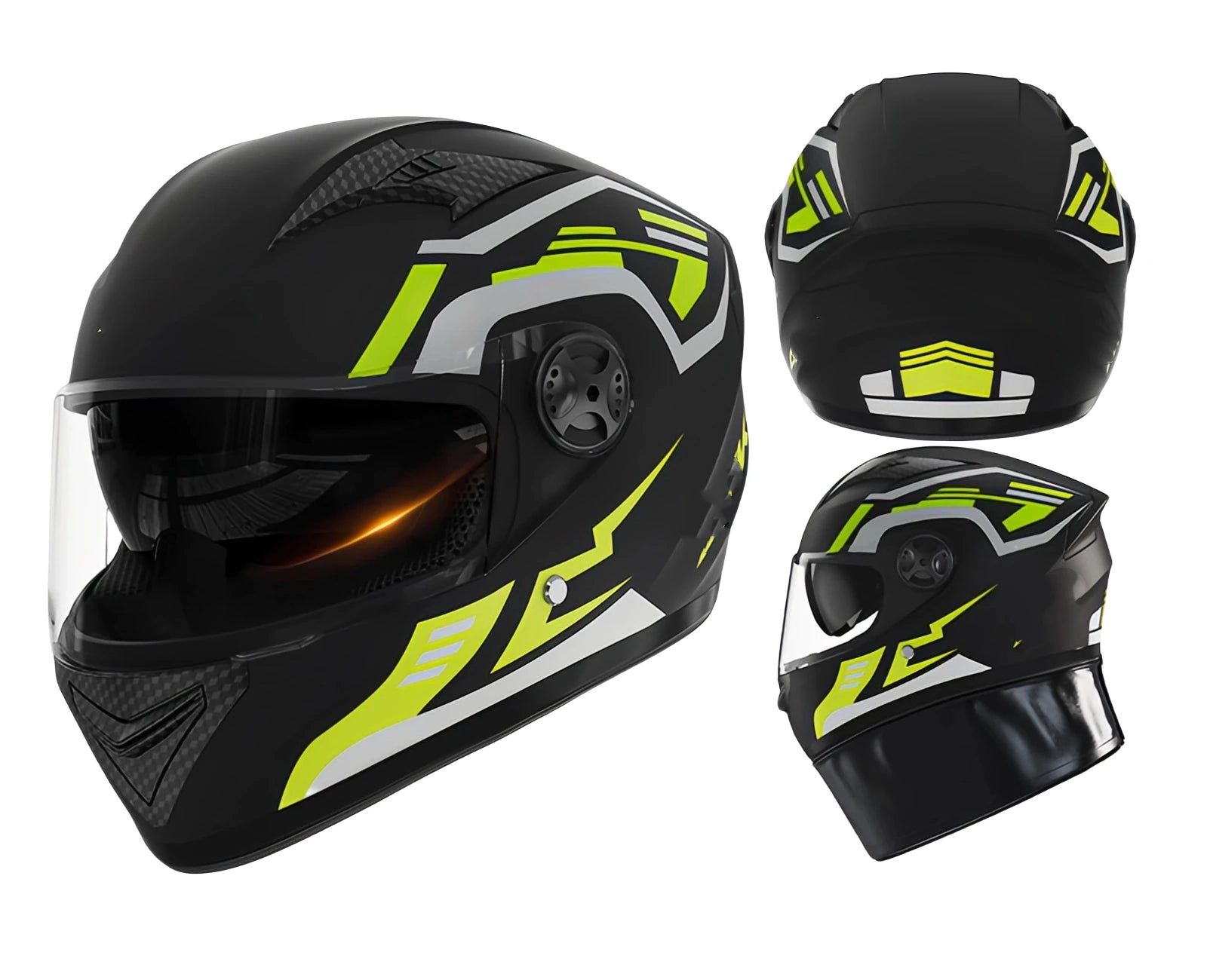 Black motorcycle helmet with yellow and white accents on a white background