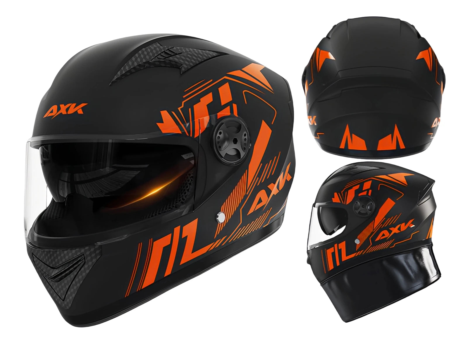 Black and orange helmet with AXK branding on a white background