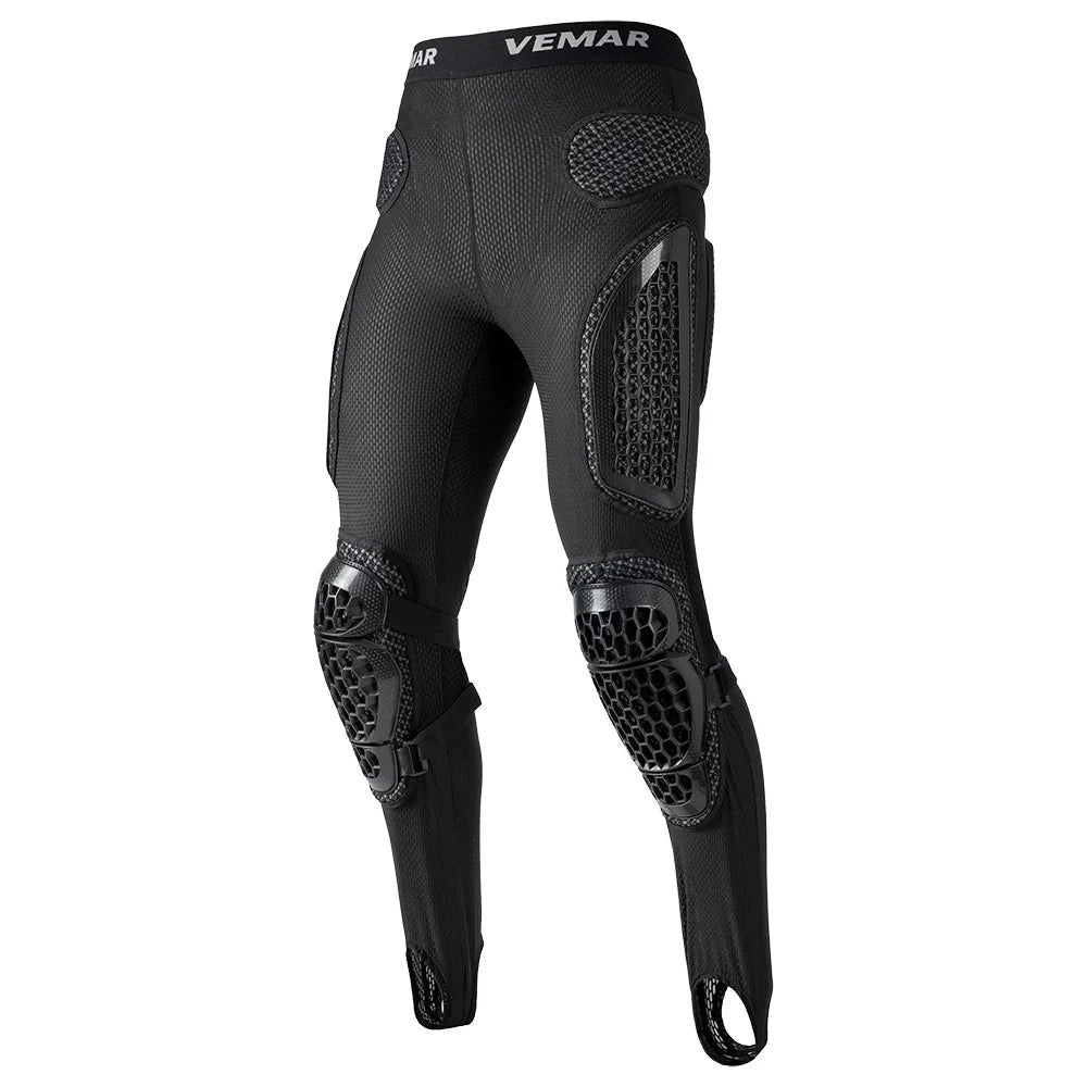 Black protective pants with knee pads and VEMAR branding on a white background