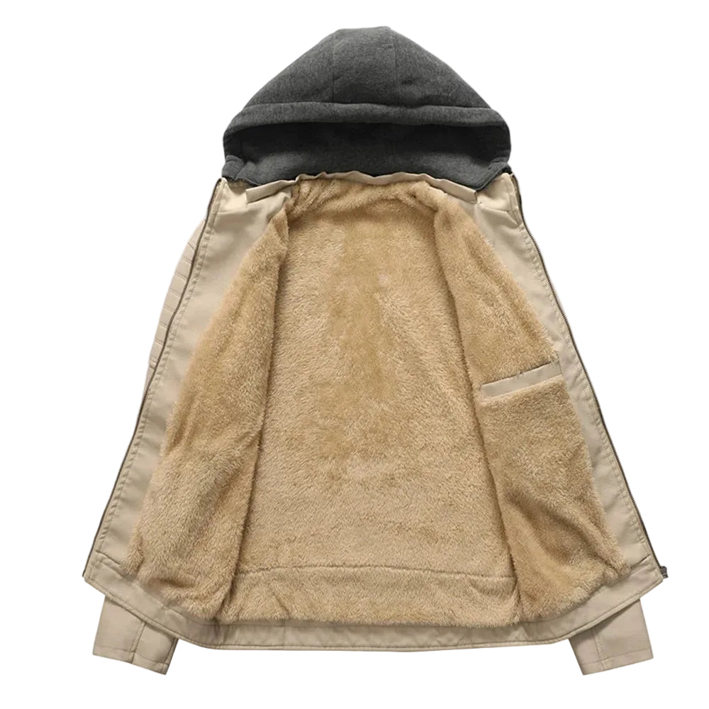 Beige jacket with gray hood on a white background, featuring MJMOTO logo.