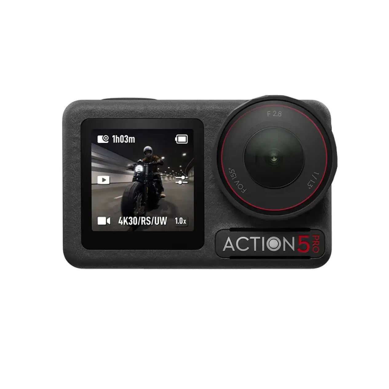Action camera with display screen showing a motorcycle on a white background