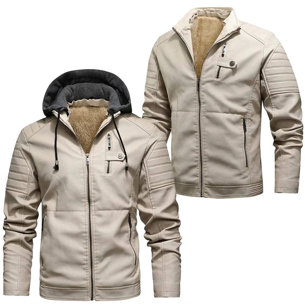 Beige motorcycle jacket with fur lining and MJMOTO branding on a white background