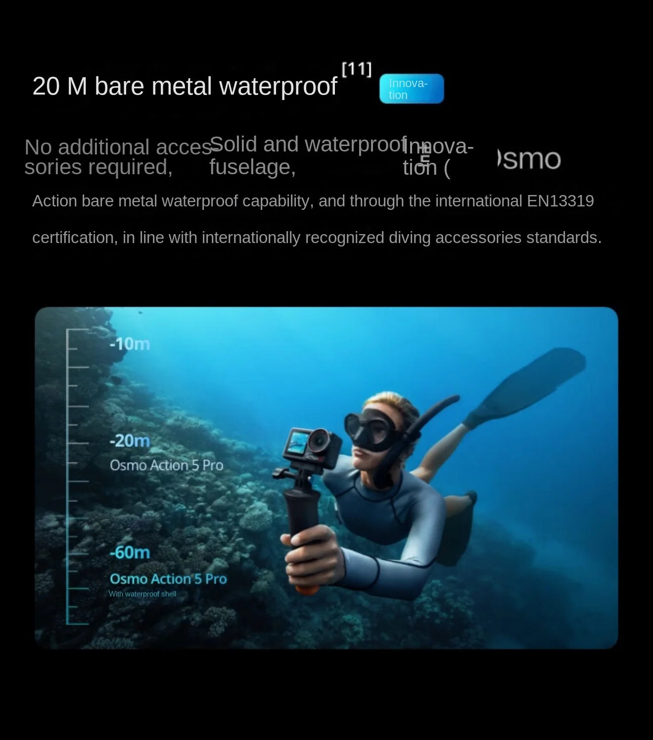 Scuba diver holding a camera with underwater depth scale, featuring Osmo Action 5 Pro.