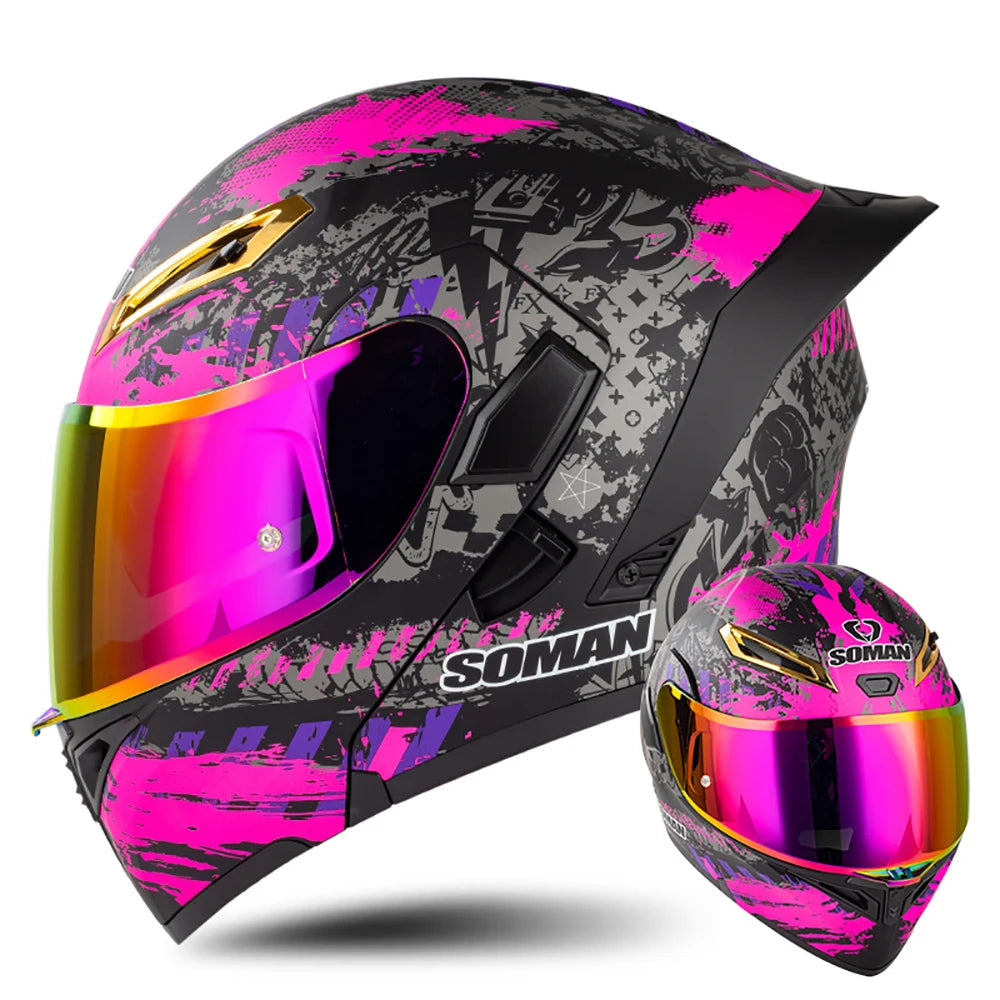 SOMAN Dual Lens Full Face Motorcycle Helmet – DVS Dual Visor, HD Outer Lens, UVA+IR Inner Sunglasses, Multi-Vent