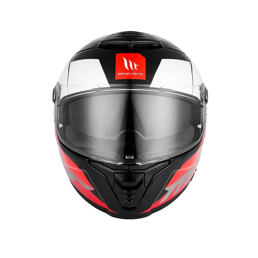 Black and red motorcycle helmet with clear visor on a white background