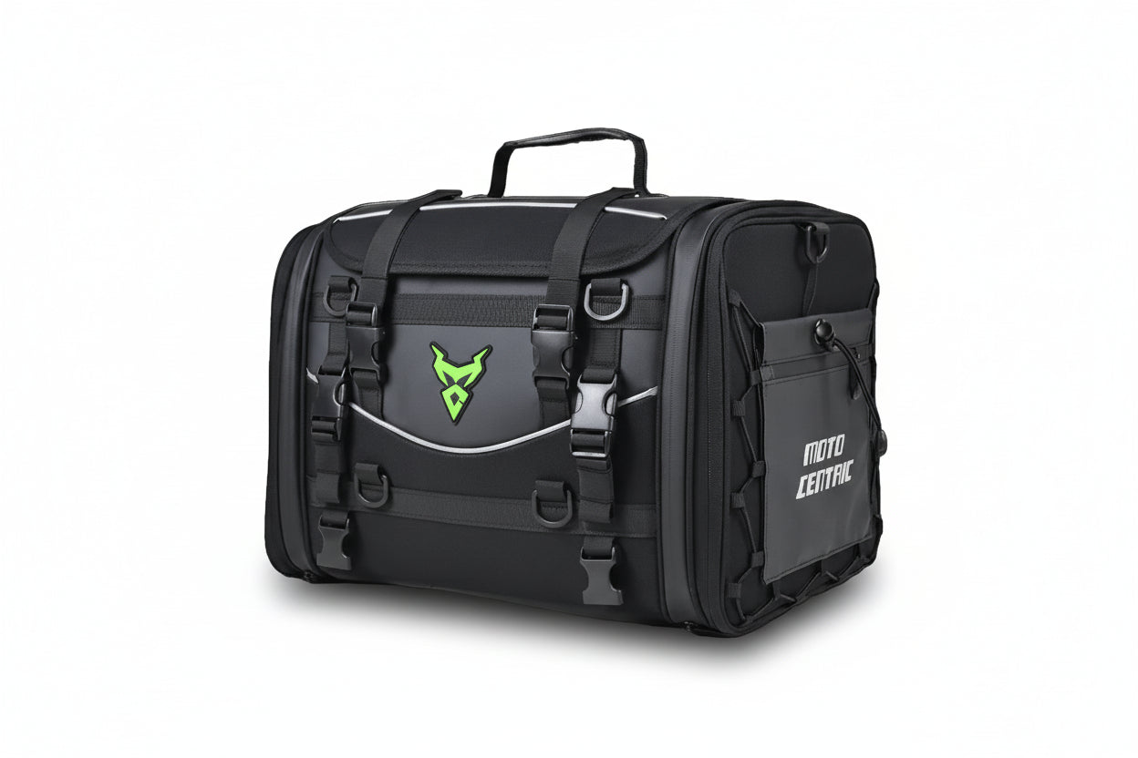 Black motorcycle bag with green logo and 'Moto Centric' branding on a white background