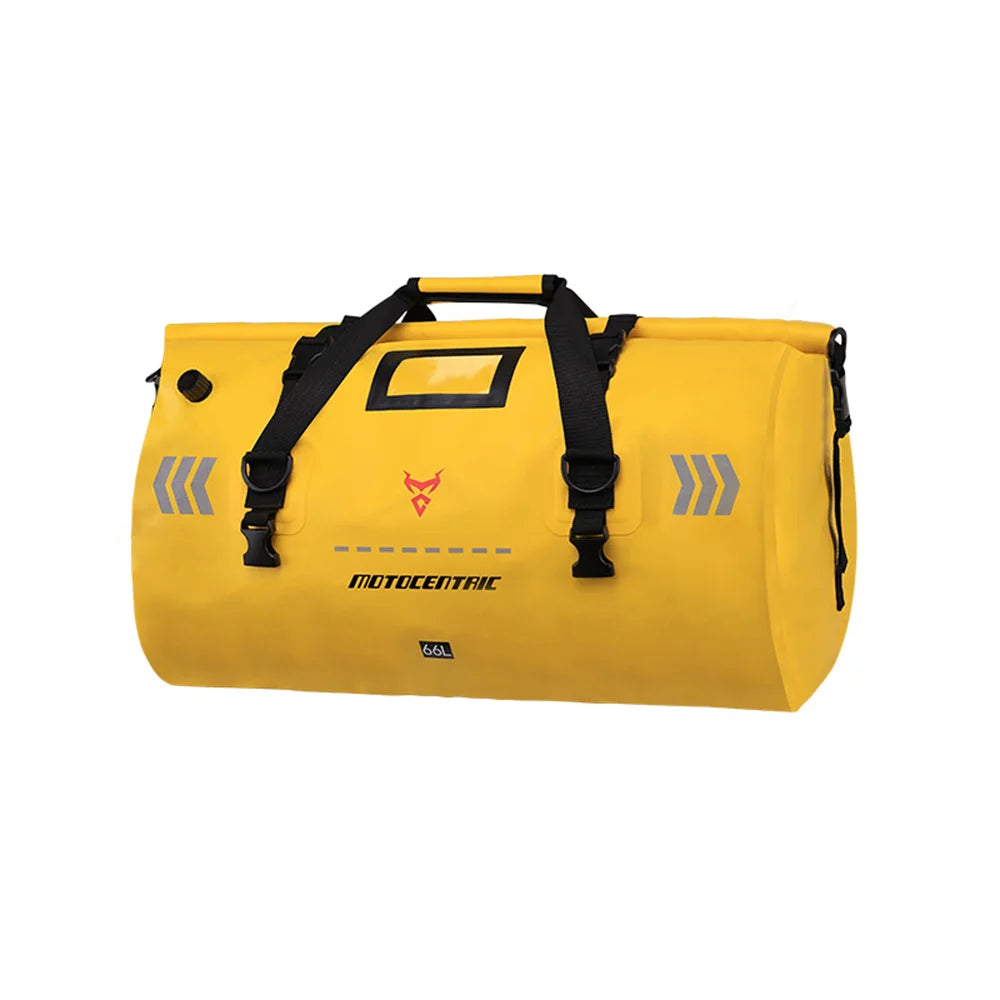 Yellow duffel bag with black straps on a white background