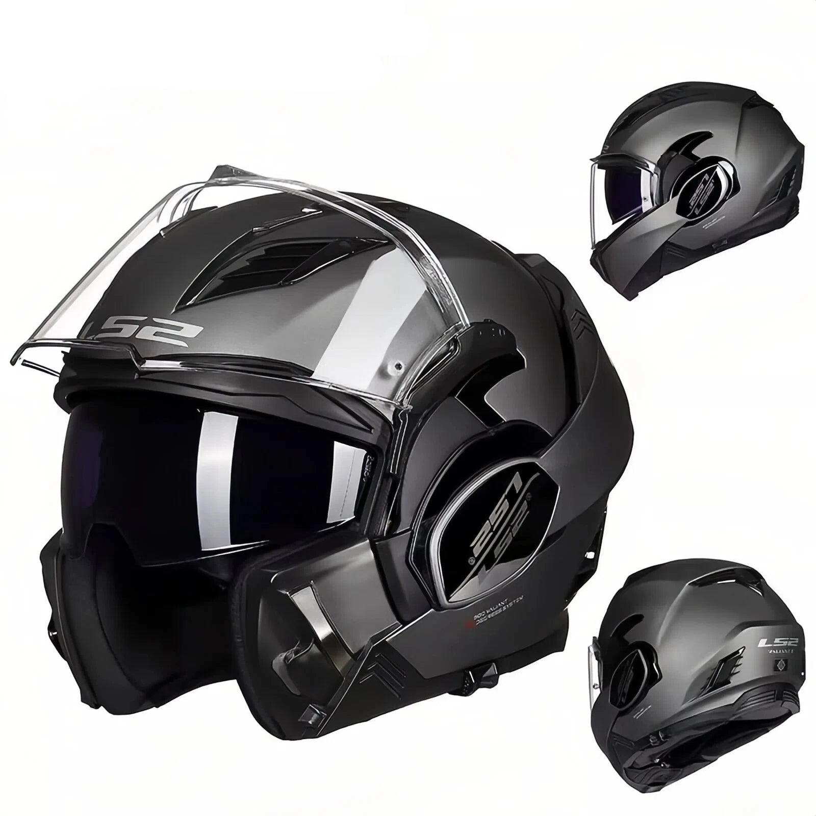 Black motorcycle helmet with clear visor and LS2 logo on a white background