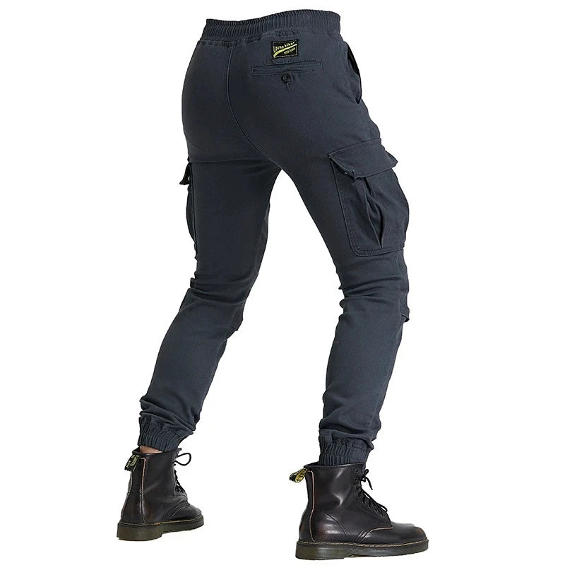 Dark gray cargo pants with a brand label on a white background